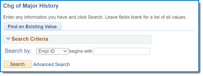 Change of Major History search criteria page