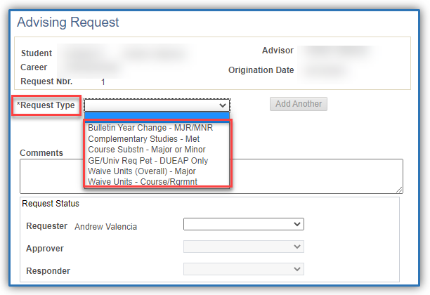 The Advisor Request System (ARS) request types