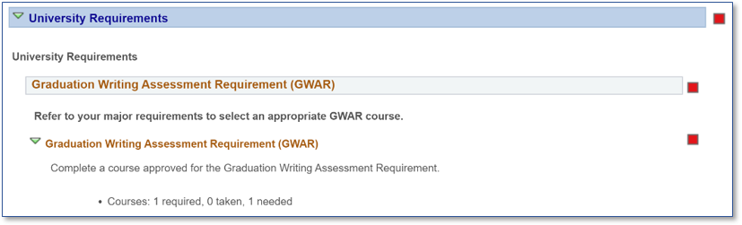DPR view of how the Univeristy requirments section looks.