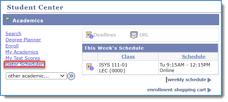 Gator Scheduler link locatin in the student center