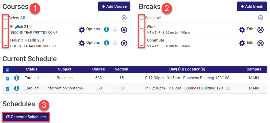 Gator scheduler main menu with other options available