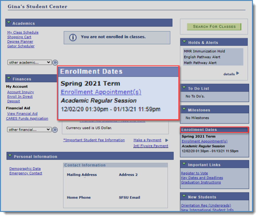 Student center main menu with the appointment box arranged foward